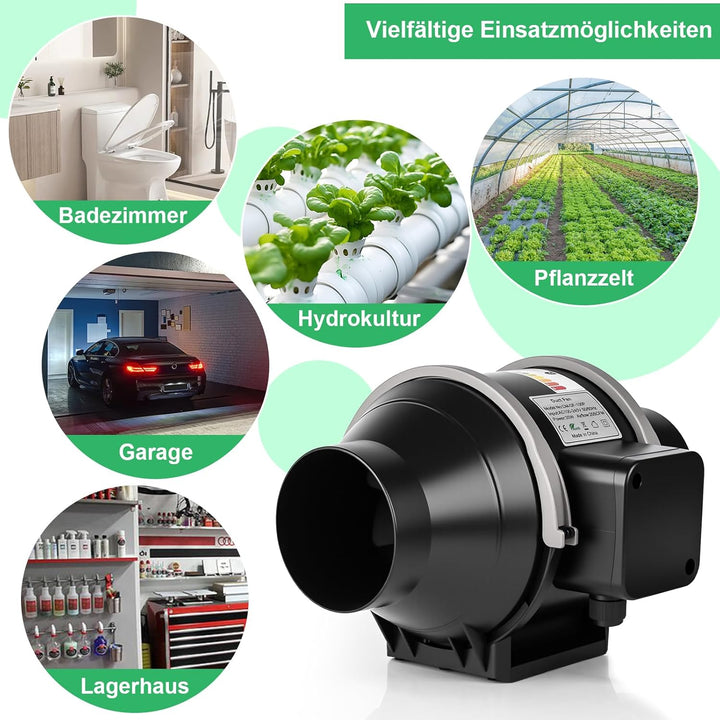 Rohrventilator 100mm Regelbar 360m³/h Rauchabzug Inline Abluftventilator mit EC Motor Rohrlüfter 100