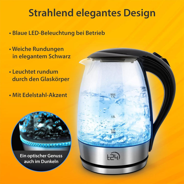 T24 LED Glas Wasserkocher 1,7 Liter mit LED-Beleuchtung, Trockenlaufschutz, BPA frei, 2200W (silber)
