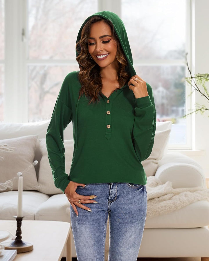 WOWENY Pullover Damen Mit Kapuze Sweatshirt Oversize Mit Knopfleiste Hoodie Langarmshirt Oberteile P