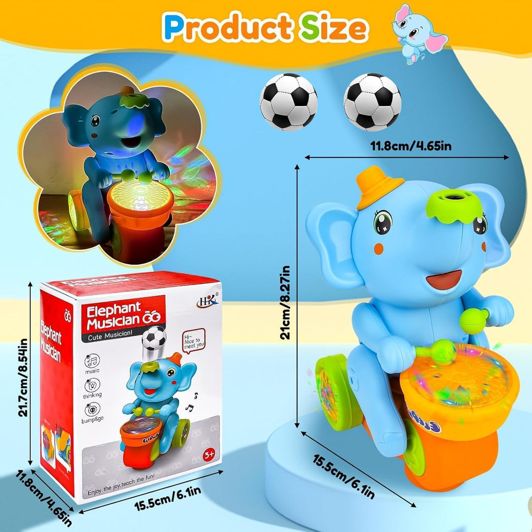 Musikalisches Elefantenspielzeug zum Laufen mit Trommeln und LED-Lichtern, interaktives Babyspielzeu