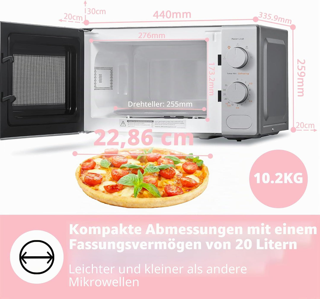 COMFEE' Mikrowelle grau, 20 Liter, 700 W, 5 Leistungsstufen, Schnellauftaufunktion, manueller Timer,