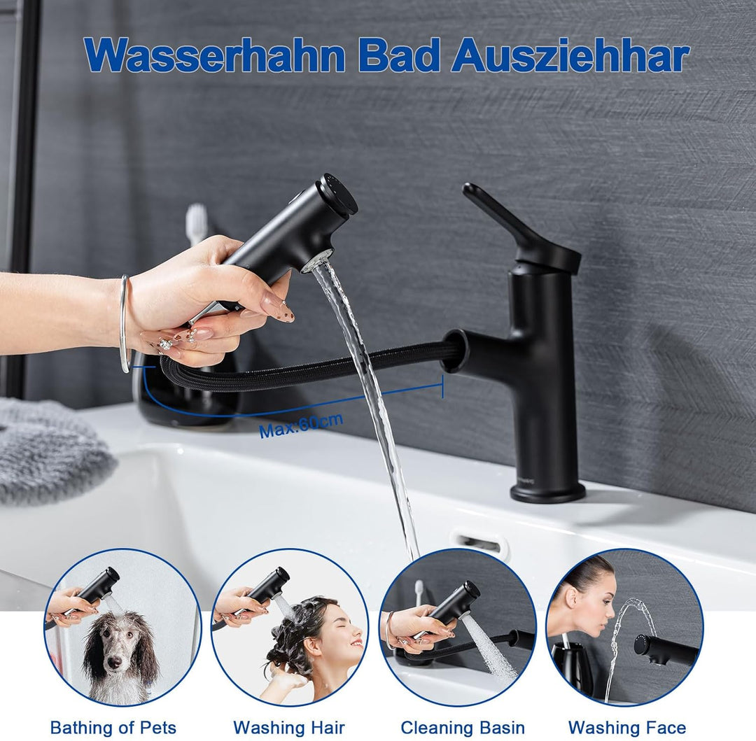 Waschtischarmatur mit Ausziehbar Brause Wasserhahn Bad,Einhebelmischer Badarmatur Waschbeckenarmatur