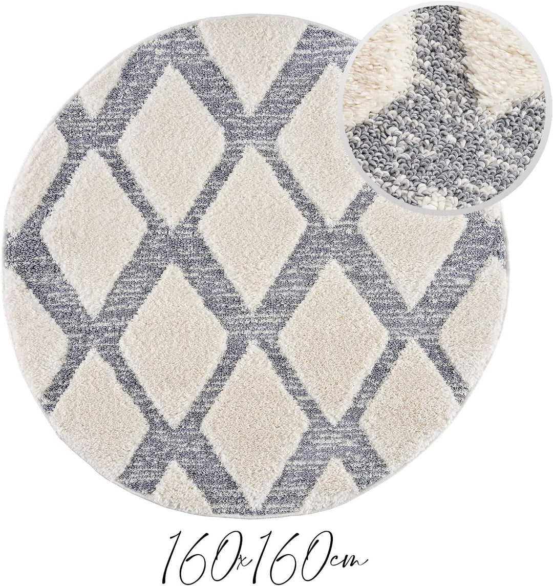 payé Teppich Rund - Skandinavisch Hochflor- 160x160cm - Boho - Pastell Cream Grau - Modern Raute Mus