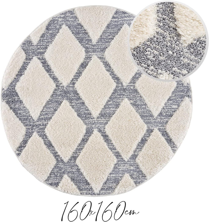 payé Teppich Rund - Skandinavisch Hochflor- 160x160cm - Boho - Pastell Cream Grau - Modern Raute Mus