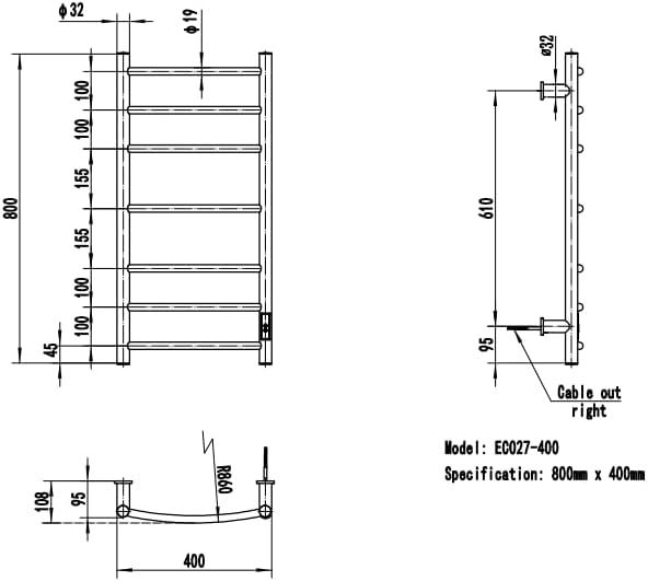 Siena Electric Handtuchheizkörper elektrisch Edelstahl 400x800 mm – Spiegelglanz, poliertes Finish,