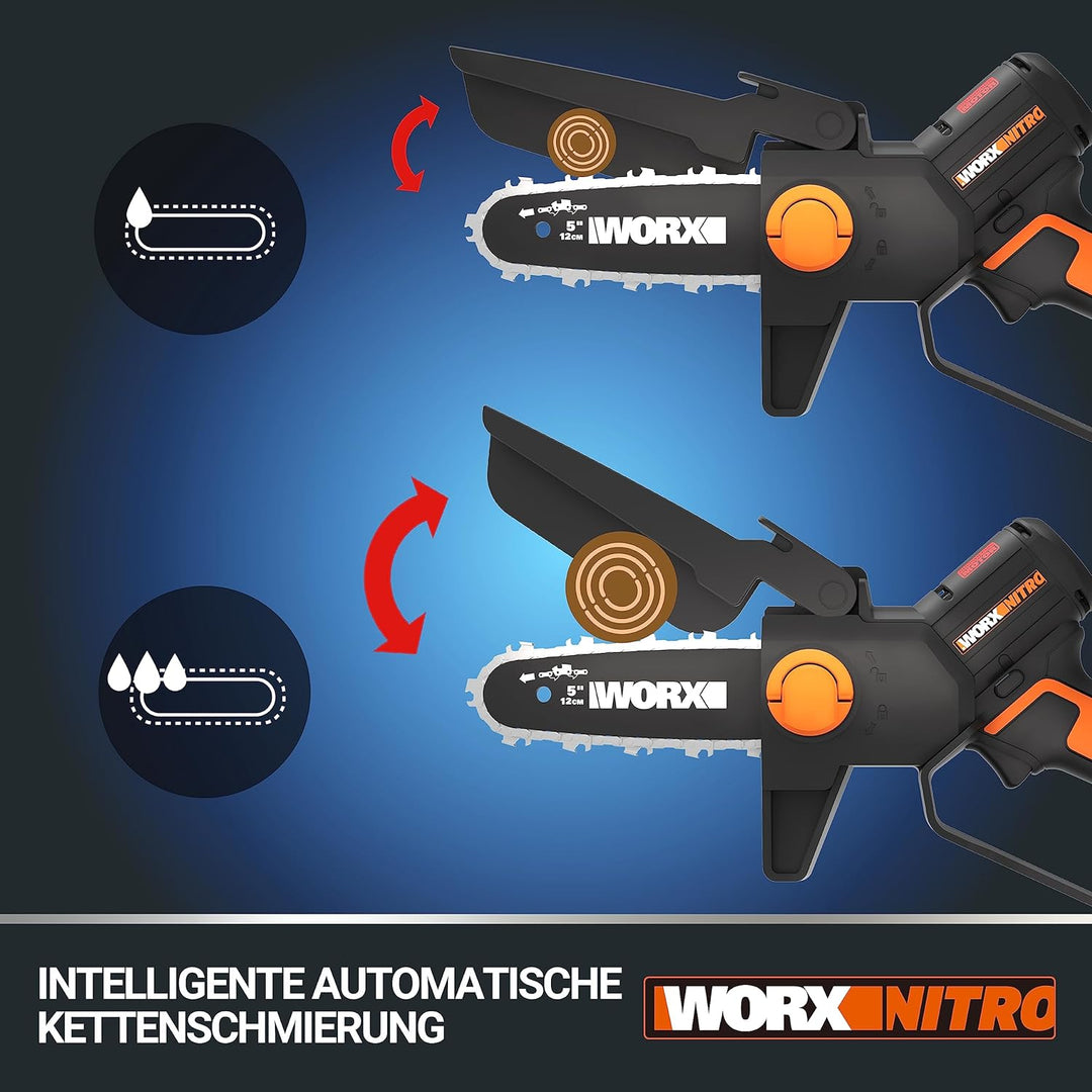 WORX WG325E NITRO Profi Mini Akku-Kettensäge 20V - Einhand Ast-Säge - starker Brushless Motor - 12cm