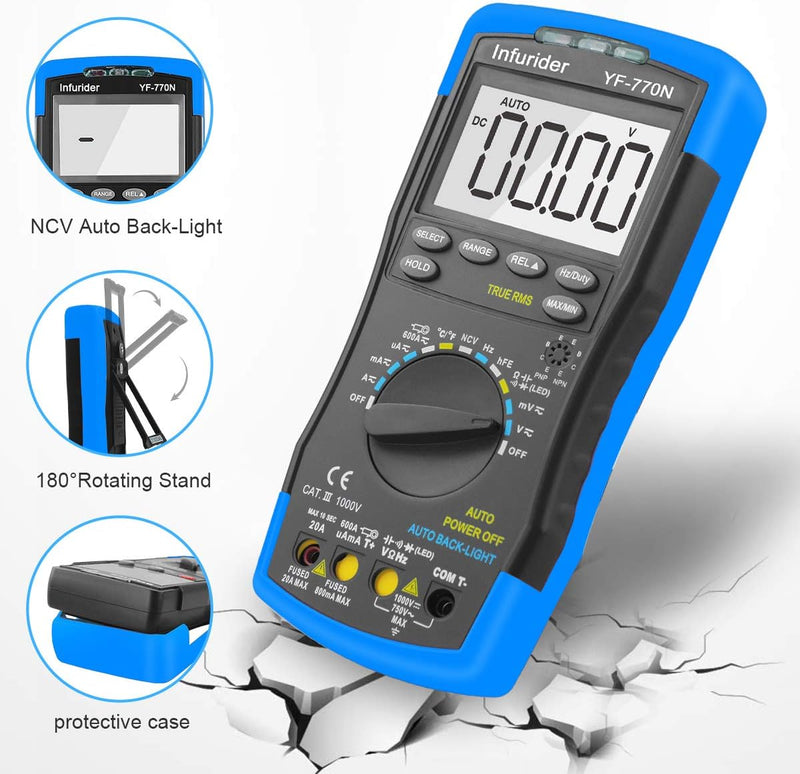 INFURIDER Digital Multimeter YF-770N,True RMS 6000 Counts Auto-Ranging Voltmeter Amperemeter Ohmmete