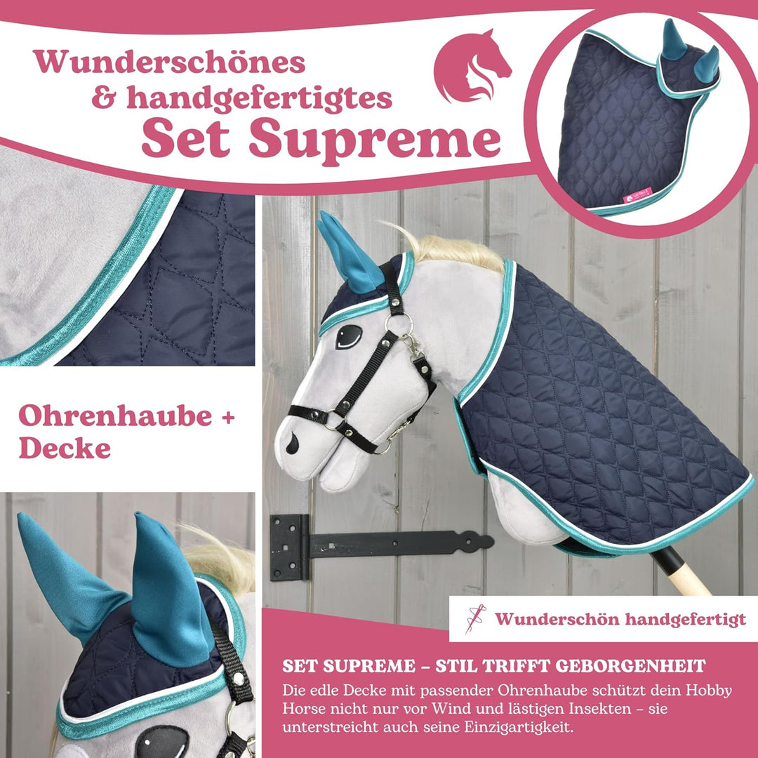 LarDen Hobby Horse Zubehör – Set Supreme Turquoise – Handgefertigte Decke & Fliegenhaube für Stecken