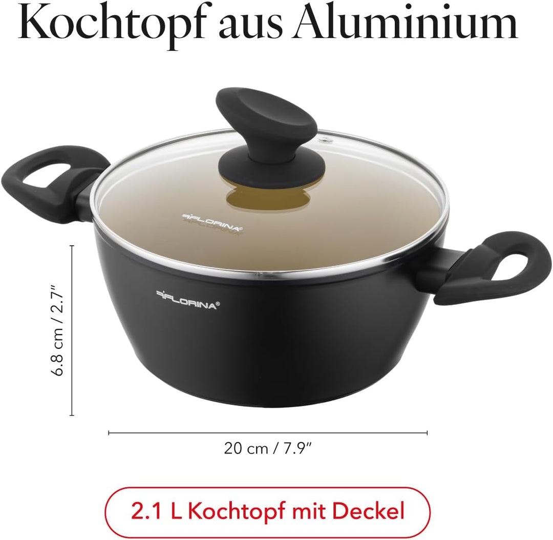 FLORINA AMVEGAN Aluminiumtopf 20 cm I 2,1L I Hohe Haltbarkeit I Glasdeckel I Olivenöl-Keramikbeschic