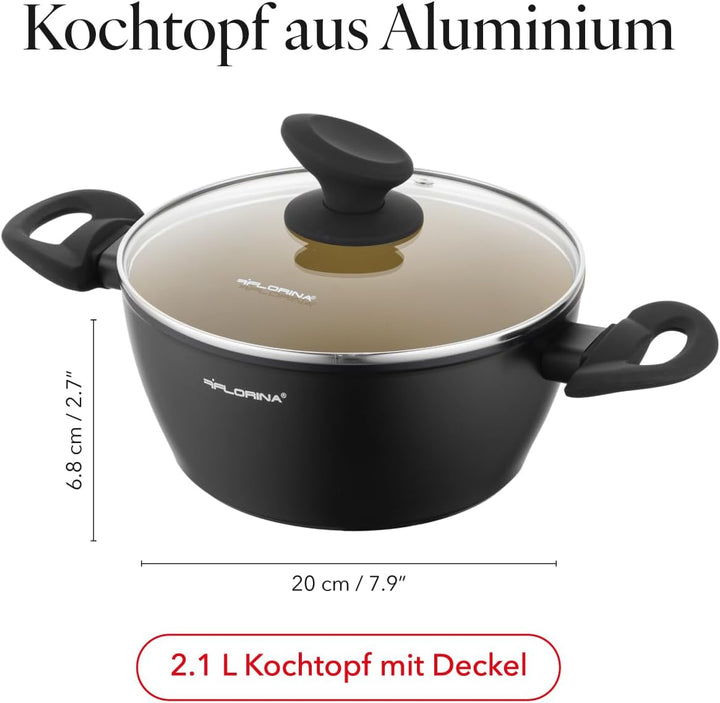 FLORINA AMVEGAN Aluminiumtopf 20 cm I 2,1L I Hohe Haltbarkeit I Glasdeckel I Olivenöl-Keramikbeschic