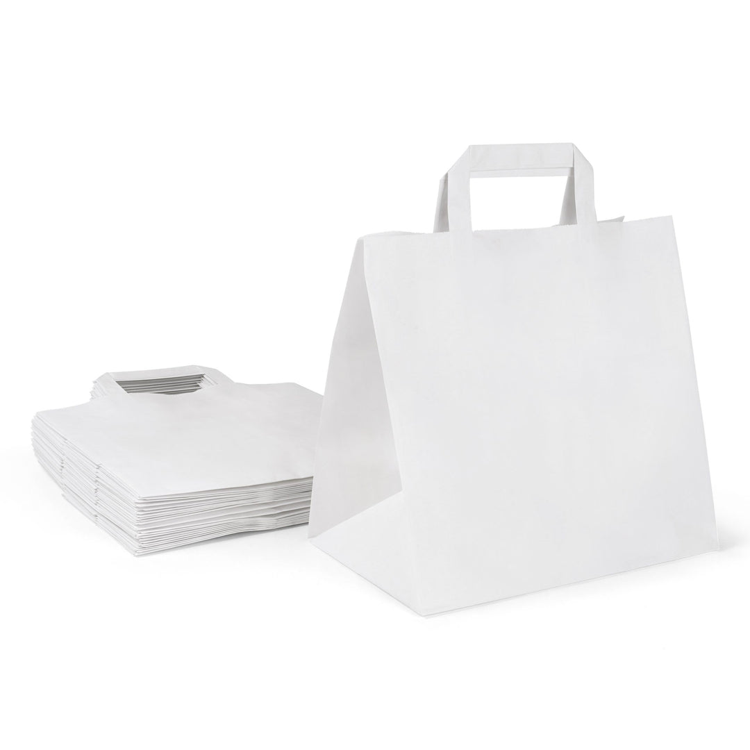 Inoverse 250 Stück Papiertragetaschen, Geschenktüten, 26+17x25 cm Papiertüten mit Henkel, Weiss Kraf