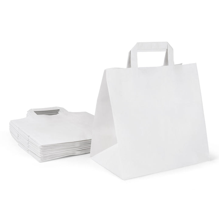 Inoverse 250 Stück Papiertragetaschen, Geschenktüten, 26+17x25 cm Papiertüten mit Henkel, Weiss Kraf