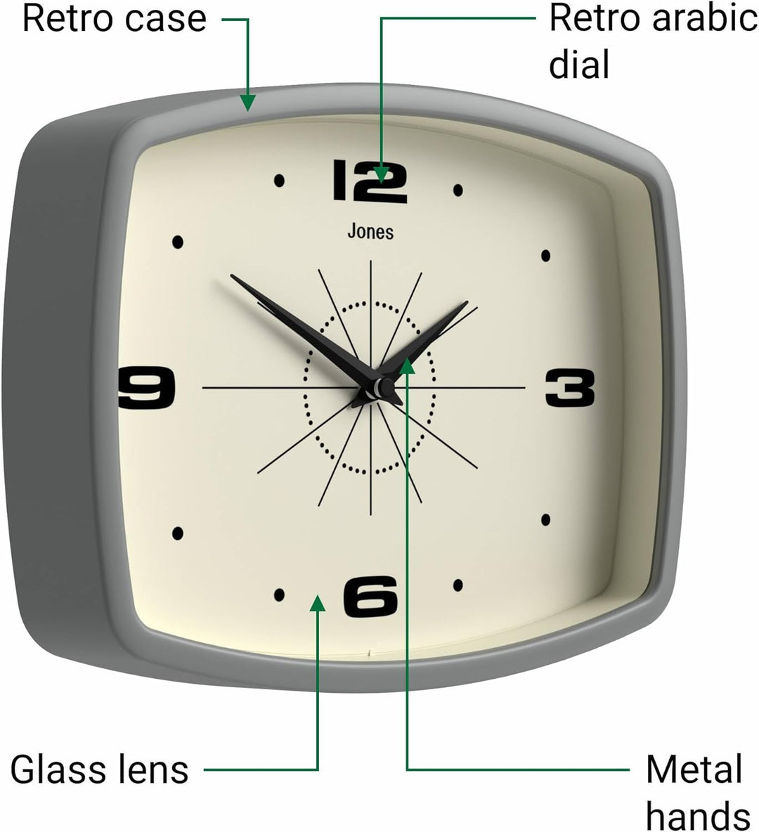 JONES CLOCKS® Movie Wanduhr | Retro rechteckige Uhr | 25cm | Grau | Cooler Designer-Look für Küche,