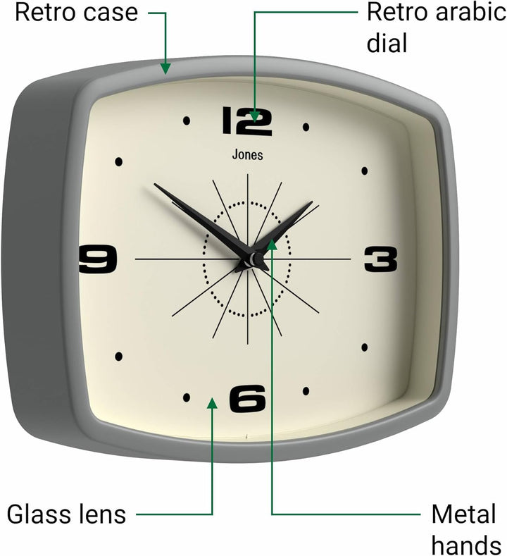 JONES CLOCKS® Movie Wanduhr | Retro rechteckige Uhr | 25cm | Grau | Cooler Designer-Look für Küche,
