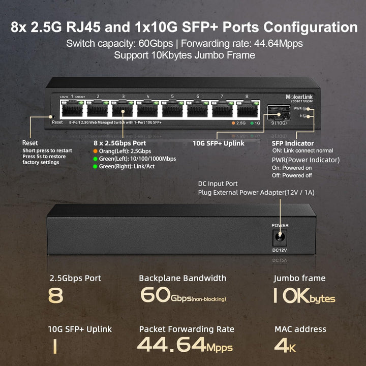 MokerLink 8 Port 2.5 Gigabit Managed Switch mit 10G SFP+ Slot, 8 x 2.5G Base-T Ports kompatibel mit