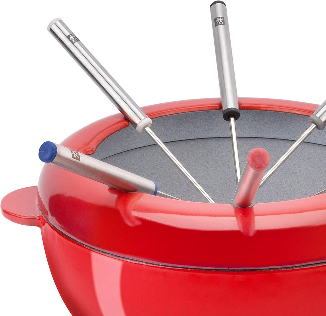 Zwilling Cherry Emaille Gusseisen Pfanne Schweizer Fondue Set für geschmolzenen Käse 6 Edelstahl Gab
