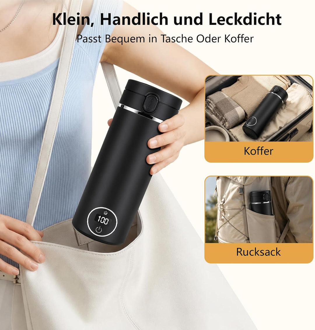 Skeufy 3-in-1 Reise Wasserkocher Klein mit Flaschenhülle &amp; Teesieb, Schwarz, Schwarz