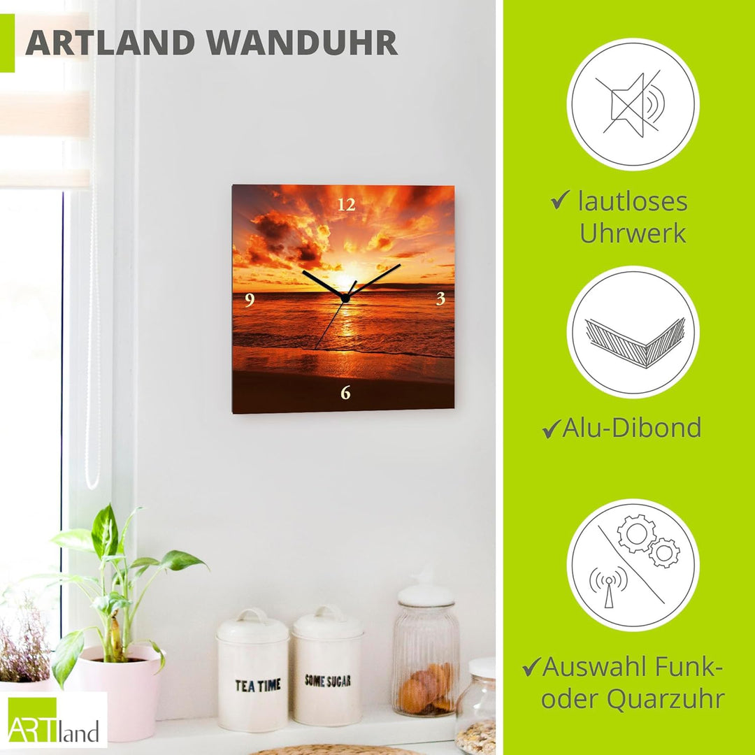 ARTLAND Wanduhr ohne Tickgeräusche Leinwand Quarzuhr 30x30 cm Quadratisch Lautlos Strand Meer Sonnen