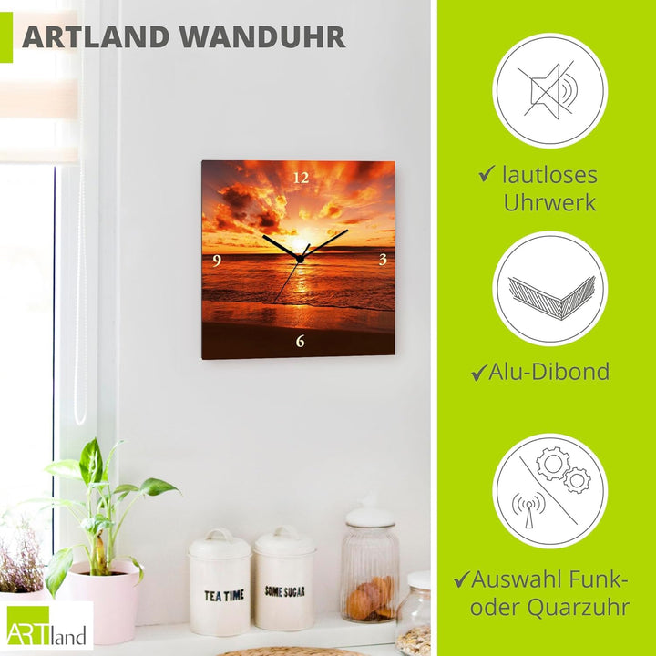 ARTLAND Wanduhr ohne Tickgeräusche Leinwand Quarzuhr 30x30 cm Quadratisch Lautlos Strand Meer Sonnen