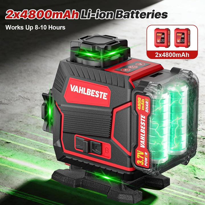Kreuzlinienlaser mit Stativ, Laser Wasserwaage, 4x360 Grad Laser Level mit 2x4800mAh Batterien & LED