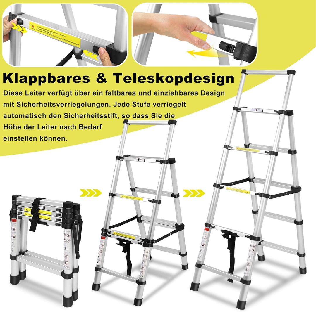 XMTECH 1.7m+1.2m Aluminium Teleskopleiter Klappleiter A-Rahmen 6 + 7 Stufen, Rutschfester Aluleiter