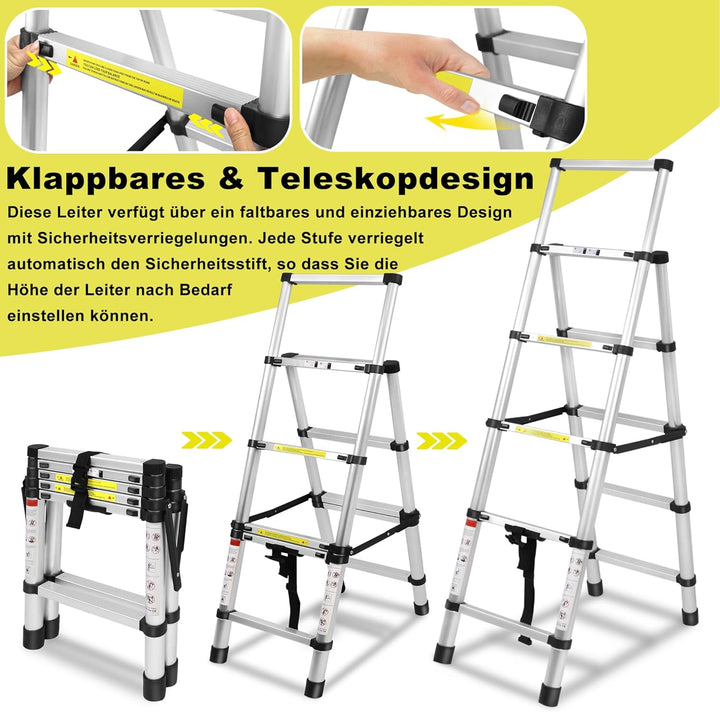 XMTECH 1.7m+1.2m Aluminium Teleskopleiter Klappleiter A-Rahmen 6 + 7 Stufen, Rutschfester Aluleiter