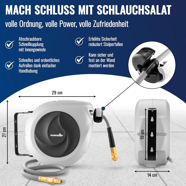 Poppstar Druckluftschlauchtrommel (10m+1m, Durchmesser 5/16" (8x12mm)) Schnellkupplung 1/4" BSPT, Sc