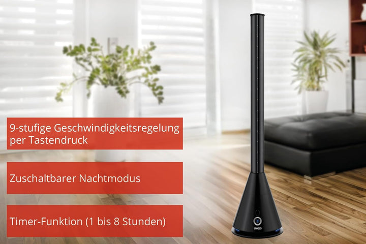 UNOLD 86865 TURMVENTILATOR Black Tower mit 9-stufiger Geschwindigkeitsregelung, zuschaltbarer 90° Os