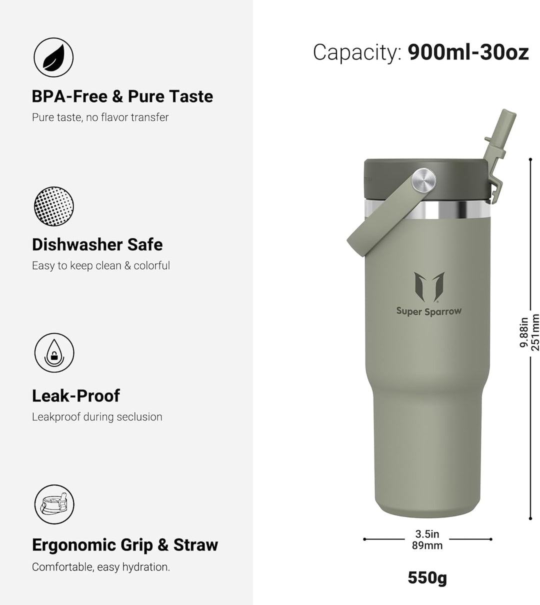Sparrow Trinkflasche Edelstahl - Twistpath Thermosflasche mit Flex-Strohhalmdeckel - 900ml - BPA-fre