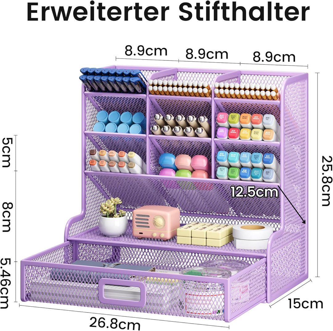 VITVITI Schreibtisch Organizer, 9 Fächer Stiftehalter mit Schublade, Netz Stifte Regal aus Metall, S