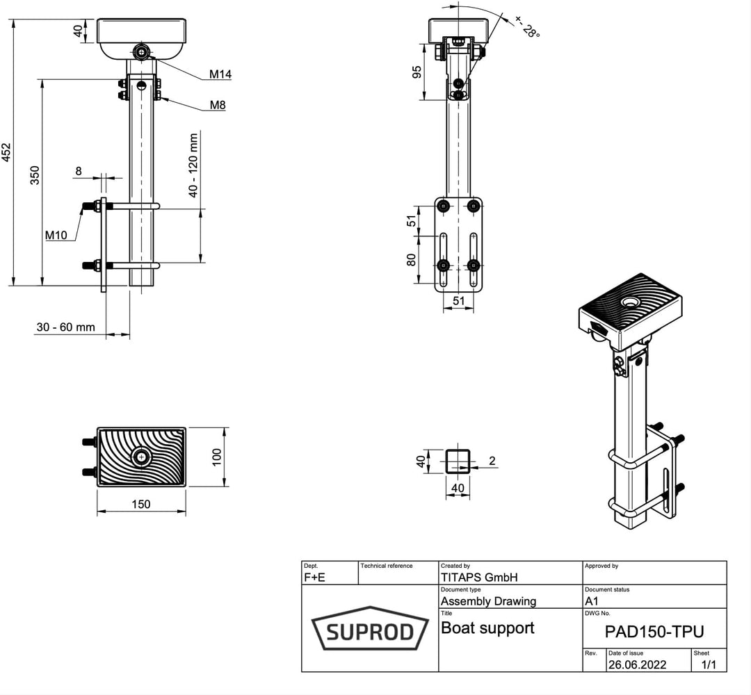 SUPROD Bootsauflage, Langauflage, PU-Auflage, Bootstrailer, Sliphilfe, PAD 150x100 mm (blau), 150x10