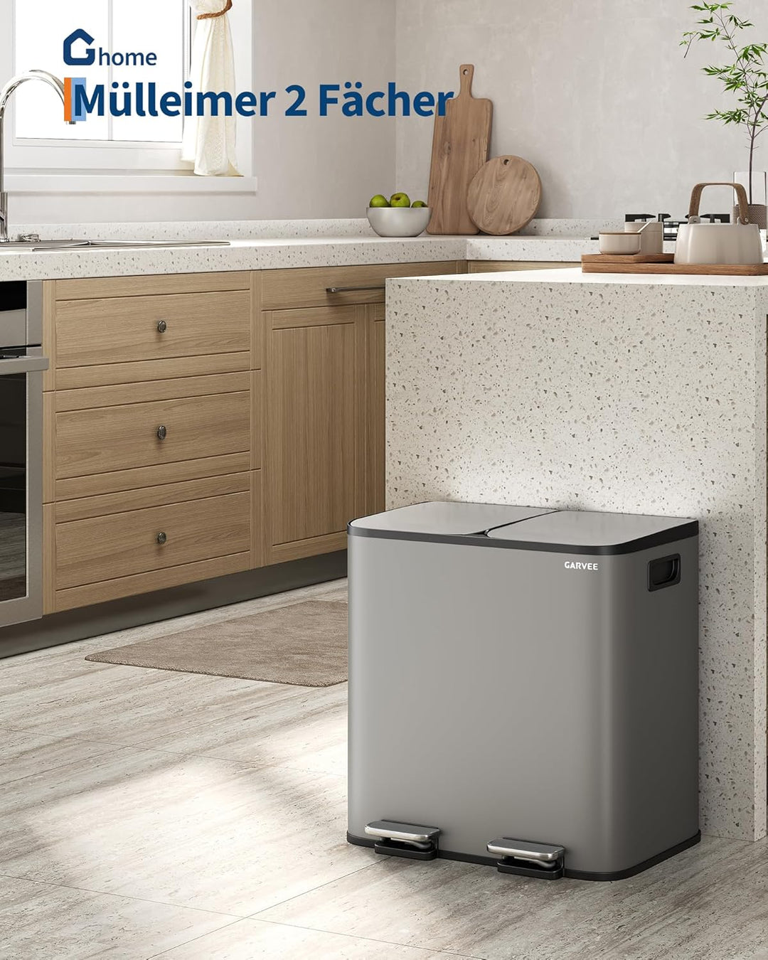 GarveeHome Mülleimer 2 Fächer 30 L, Mülltrennsystem mit 2 x 15 L Deckel aus Edelstahl, Treteimer Küc