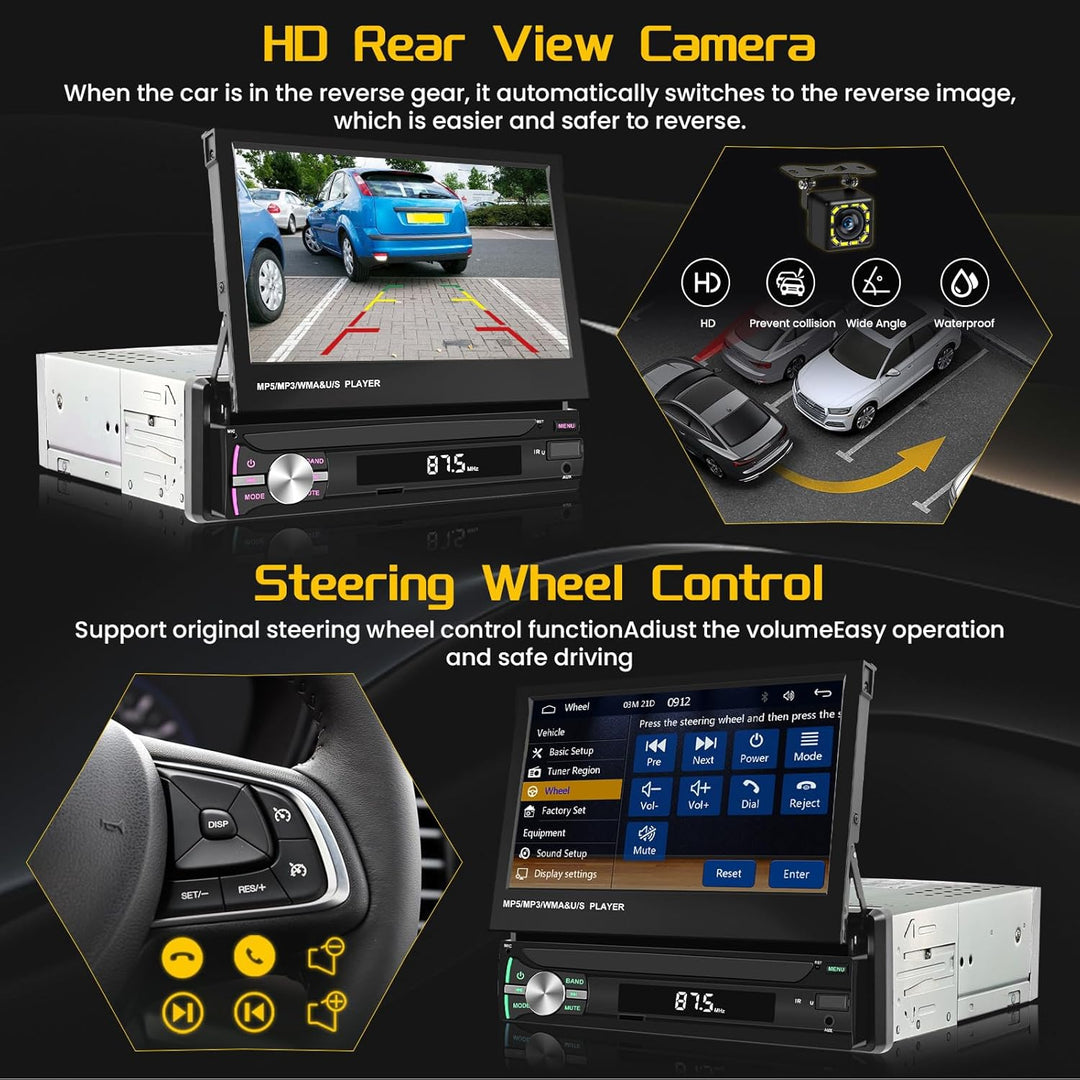 Hikity FM AM 1 Din Autoradio Wireless Carplay, Ausfahrbarem Bildschirm 7 Zoll Touchscreen mit Androi
