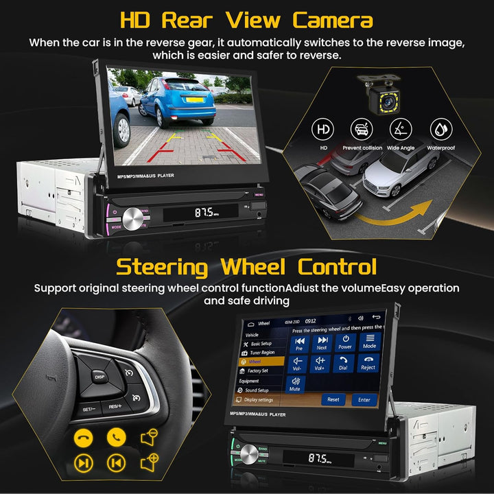 Hikity FM AM 1 Din Autoradio Wireless Carplay, Ausfahrbarem Bildschirm 7 Zoll Touchscreen mit Androi
