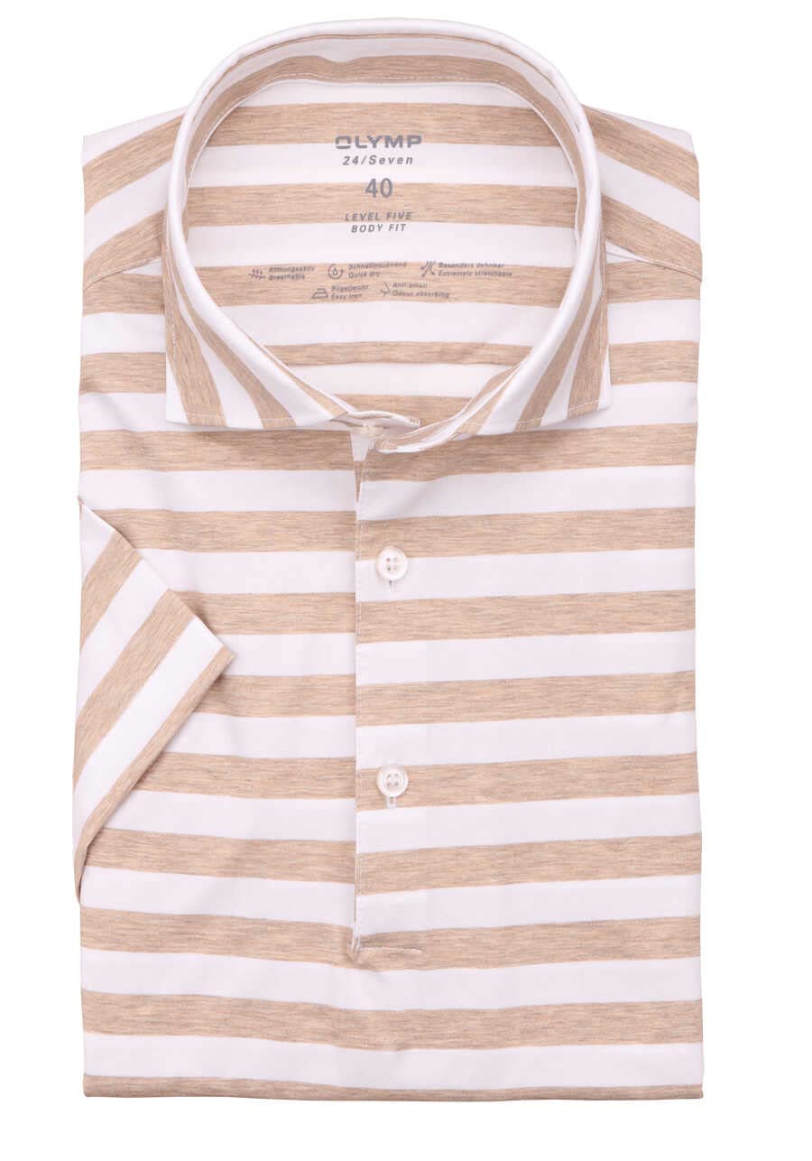 OLYMP Level Five 24/Seven Body fit Schlupfhemd Halbarm Haifischkragen Ringel braun 40 Beige, 40 Beig