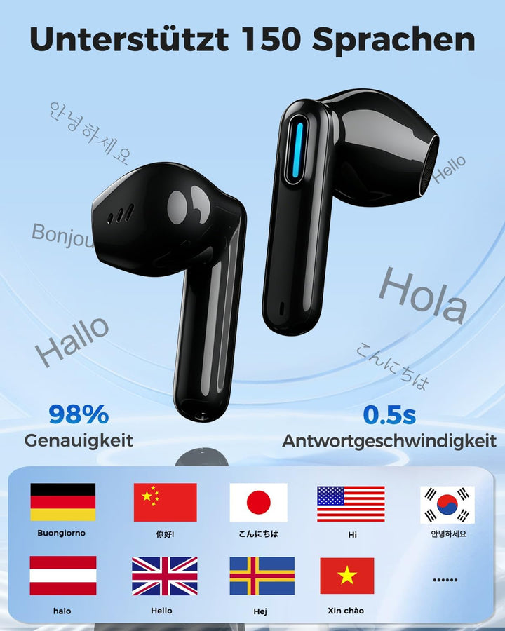 NE49 KI Übersetzungskopfhörer, 150 Sprachen & 6 Modi Echtzeit Sprachübersetzer, Bluetooth 6.0 Kabell
