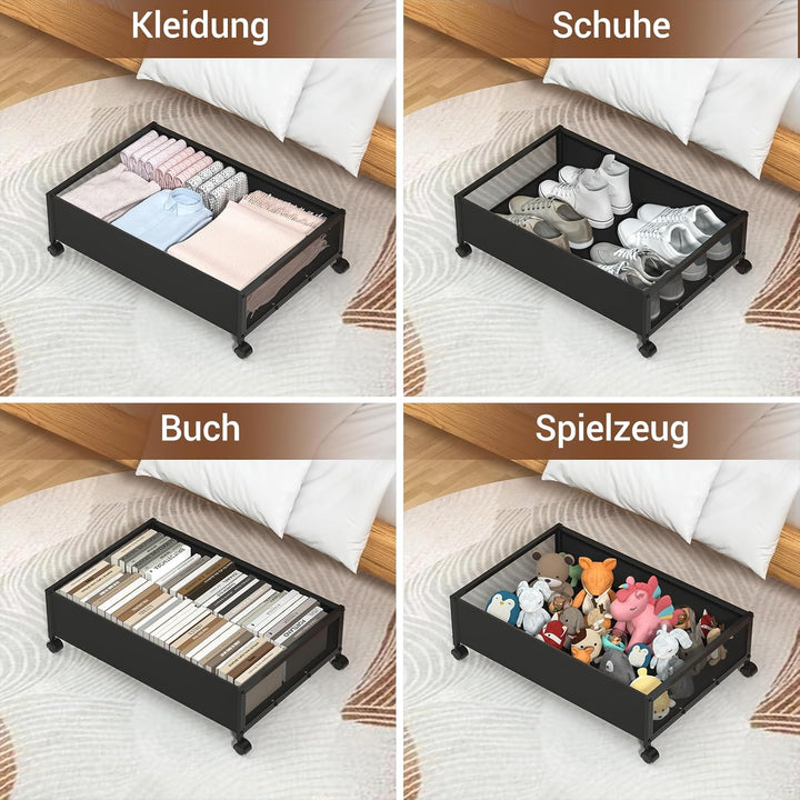 Unterbett Aufbewahrungsbox, 2 Stück Unterbettkommode mit Rollen und Deckel, Metallrahmen Bettkasten