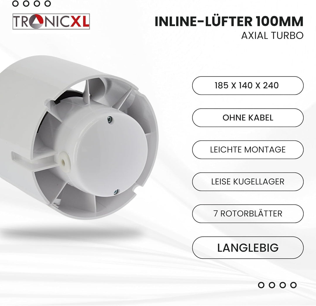 TronicXL 100mm Grow Lüfter Zuluft Abluft Inline Ventilator mit Kabel Stecker Schalter 230V für Steck