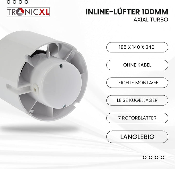 TronicXL 100mm Grow Lüfter Zuluft Abluft Inline Ventilator mit Kabel Stecker Schalter 230V für Steck
