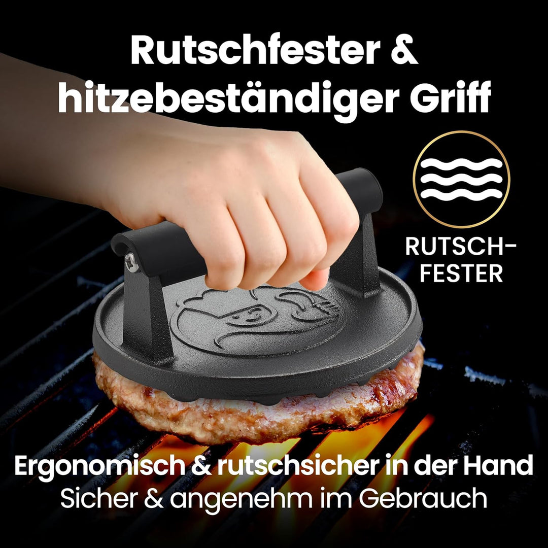 Burgerpresse Gusseisen antihaft | Grosser Burger Smasher (Ø15cm) mit hitzeabweisendem Griff | Fleisc