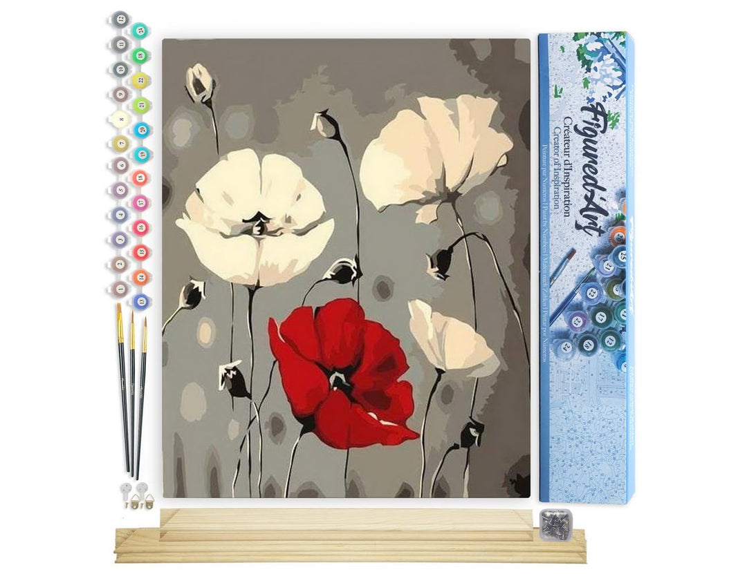 Figured'Art Malen Nach Zahlen Erwachsene Mit Rahmen Rote und weisse Blumen - Paint by Numbers Bastel