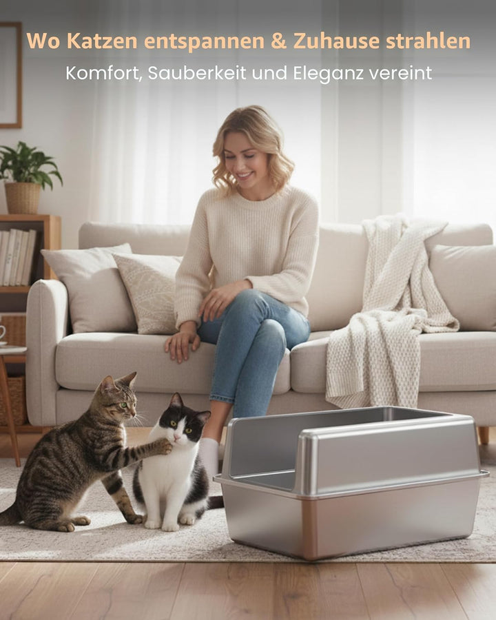 Katzenklo Edelstahl, VollMetall Katzentoilette Gross XXL, Katzenklo mit Abnehmbares Hoher Rand, Katz