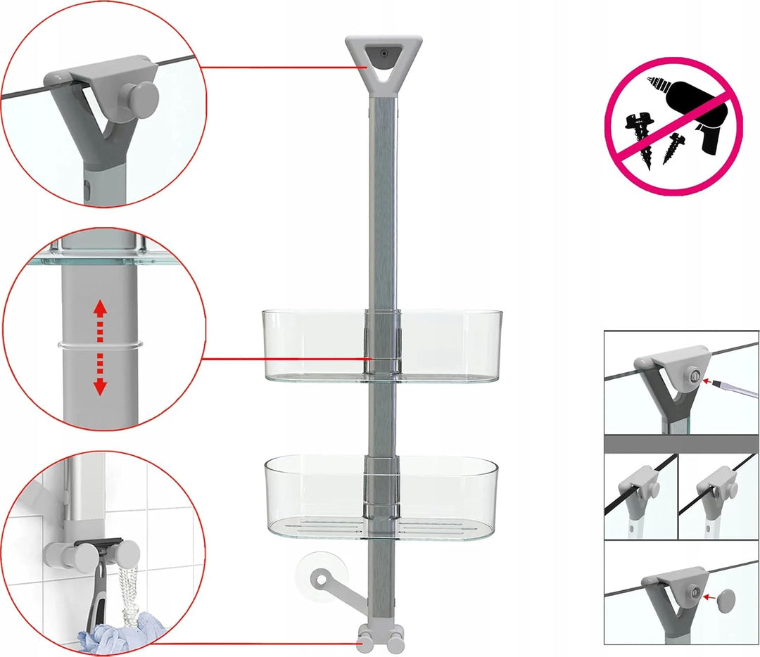 Aspira Home 3-stufiges Duschregal, verstellbar, Transparent mit Haken Set, Transparent