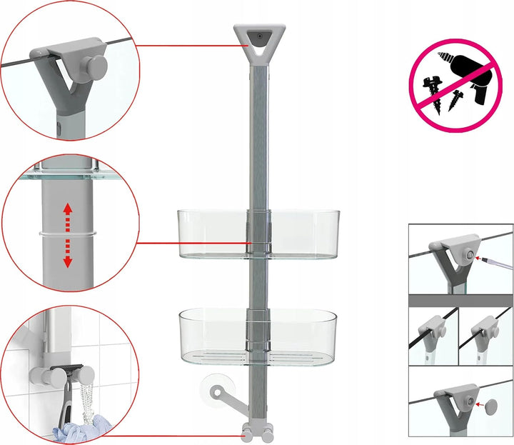 Aspira Home 3-stufiges Duschregal, verstellbar, Transparent mit Haken Set, Transparent