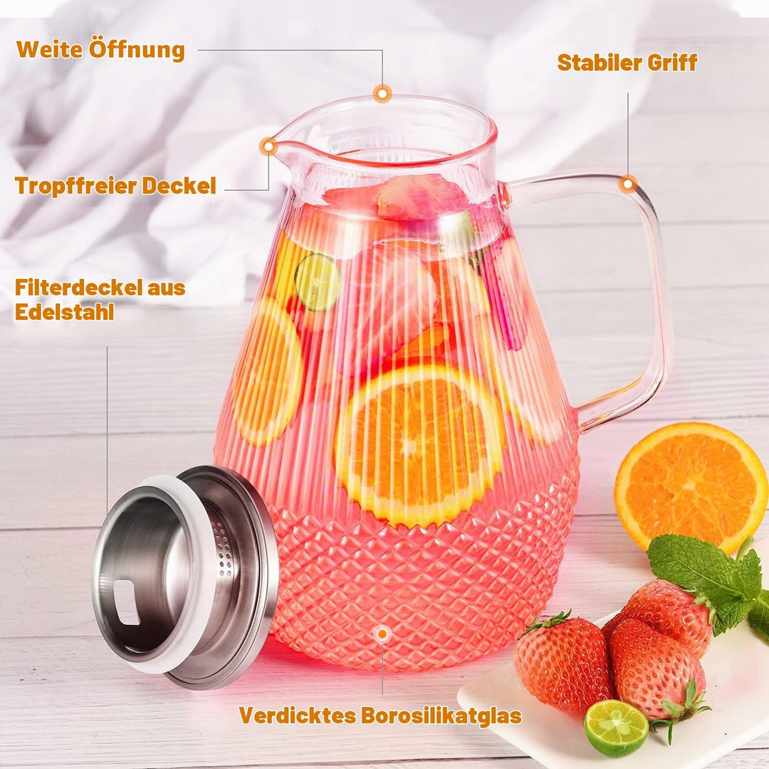 Wasserkaraffe, veecom Glaskaraffe mit Deckel 2.4L Karaffe, Glaskrug mit Deckel, Borosilikatglas Wass