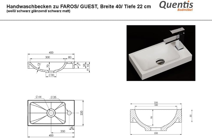 Quentis Badmöbel Gäste-WC Set Faros 40 cm, Waschbecken mit Unterschrank (weiss glänzend), Weiss Glän