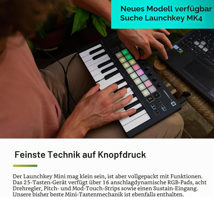 Novation Launchkey Mini [MK3] – Tragbarer USB/MIDI-Keyboard-Controller mit 25 Tasten und DAW-Integra