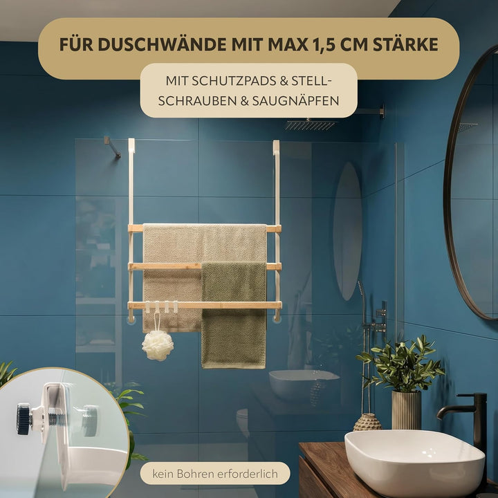 eluno Handtuchhalter für die Glasduschwand aus Metall und Bambus, Handtuchhalter mit 3 Handtuchstang