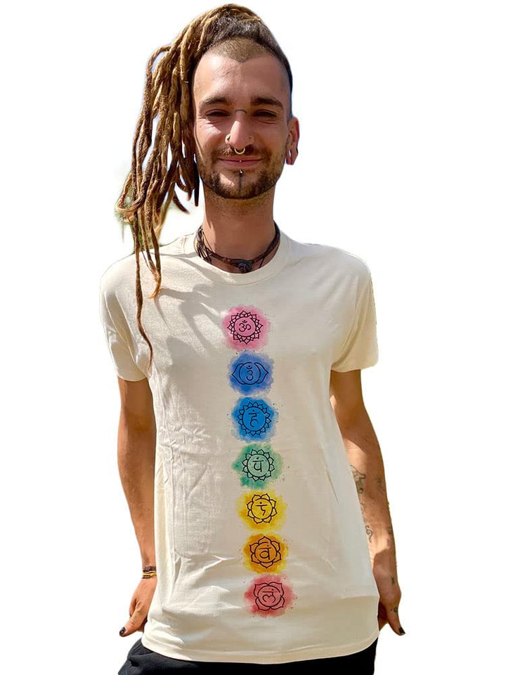Creme-weisses Chakra T-Shirt für Yoga, Meditation mit den 7 Chakren in Regenbogenfarben (S), S