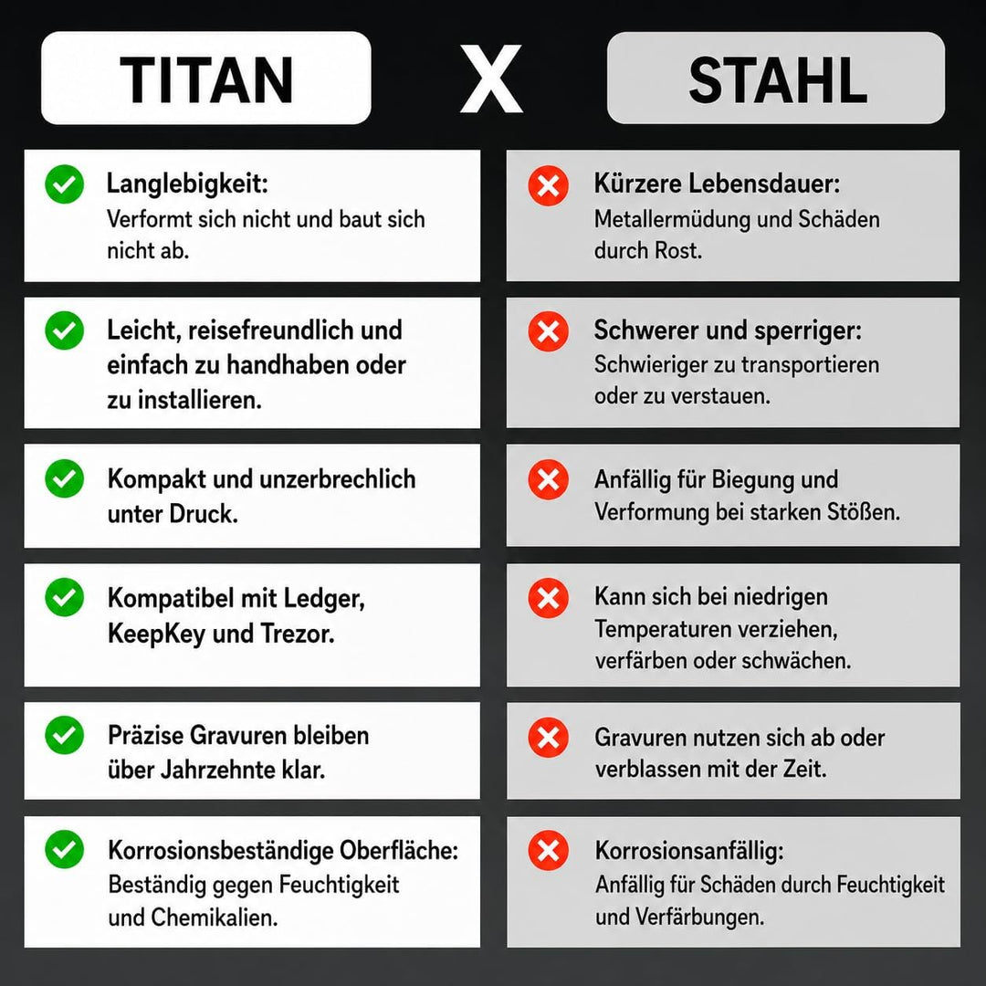 Hooe England Crypto Seed Storage 2 x Lazer Gravierte Kalt Titan Metallplatte Brieftasche Stanzbar od
